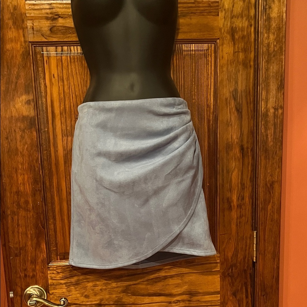 Elegant Blue Faux Suede Wrap Skirt